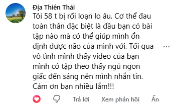 Học viên 58 tuổi rối loạn lo âu cảm ơn vì ngủ ngon giấc